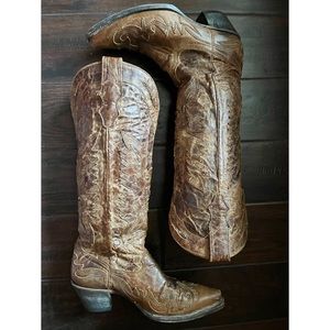 Corral R2295 8M Brown Leather Tall Eagle Overlay Cowboy Boots